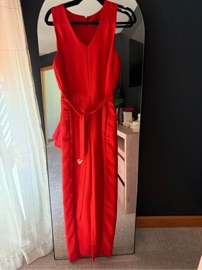 Elegant poppy red V-Neck Sleeveless with Waist Tie comes with matching jacket